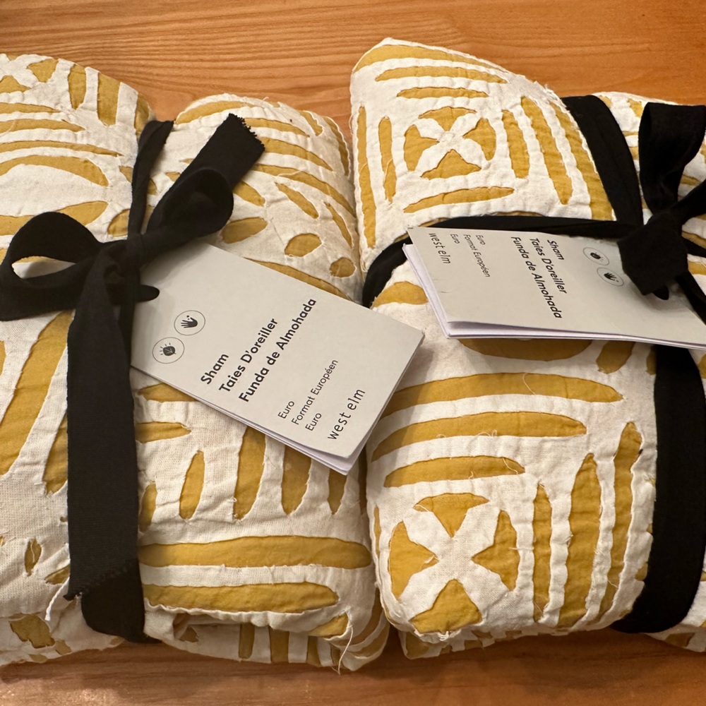 West Elm Horseradish Yellow and White Reverse Appliqué Euro Shams 26” (PAIR)-NWT